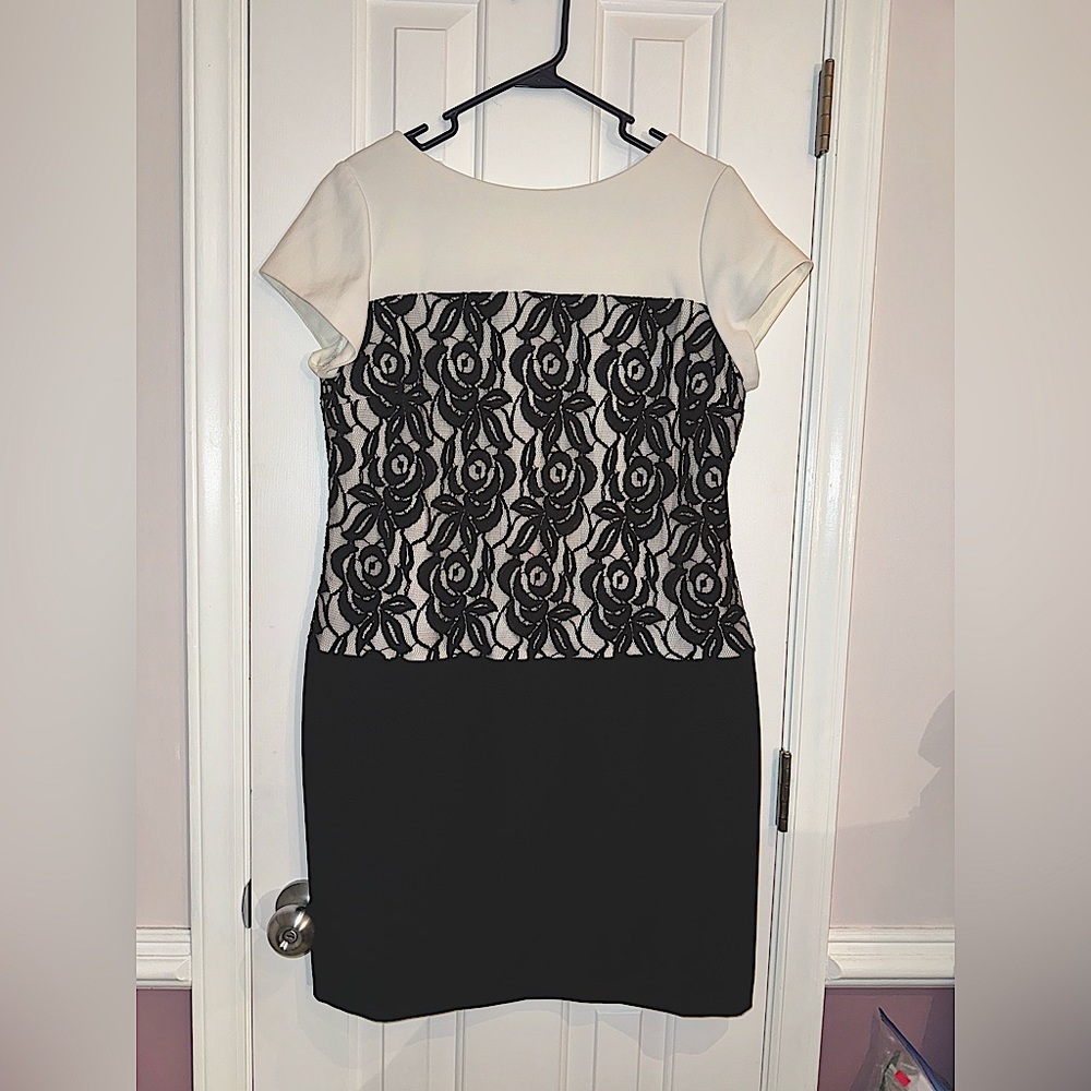 Sandra Darren off white and black dress with rose netting in middle, size 14